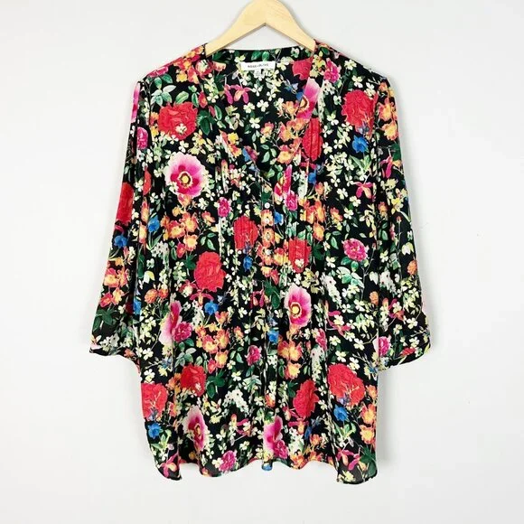 Rose + Olive Colorful Floral Popover Top Flowy Romantic Feminine Size 2X Women's - Picture 1 of 4